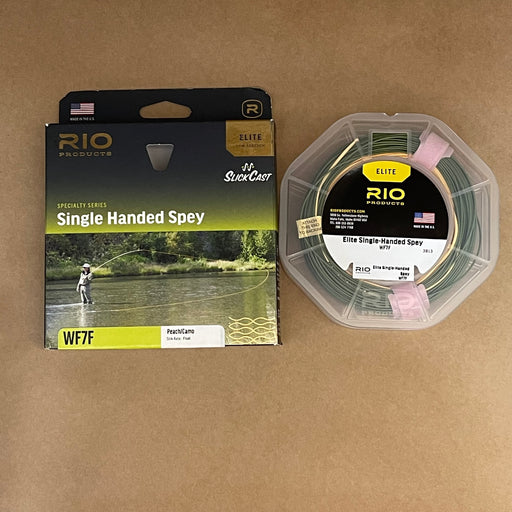 Rio Products Single Handed Spey fishing line packaging on a brown background