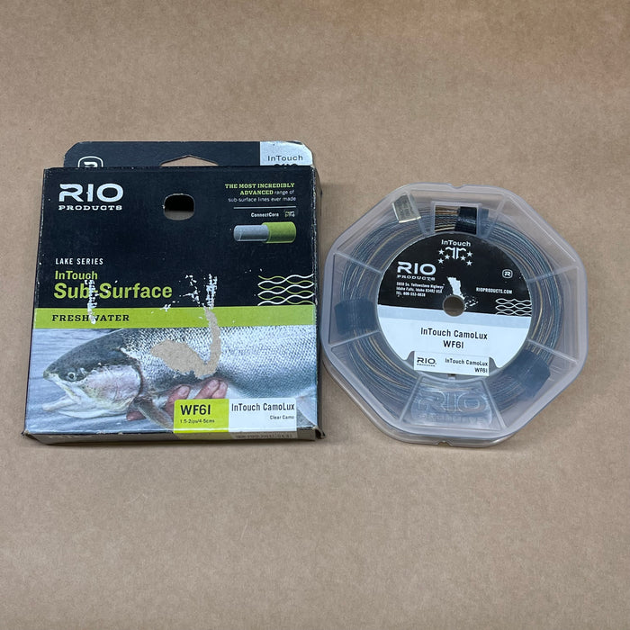 Rio InTouch CamoLux fishing line and packaging on a brown background