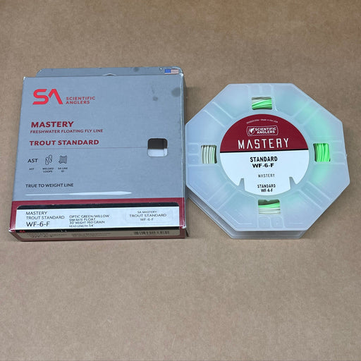 Scientific Anglers Mastery fly line packaging on a brown background