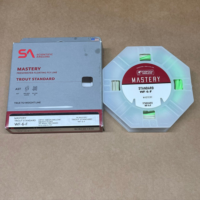 Scientific Anglers Mastery fly line packaging on a brown background