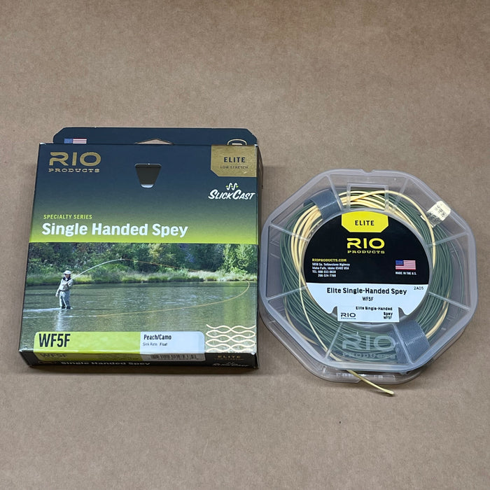Rio Products Single Handed Spey fishing line packaging on a brown background