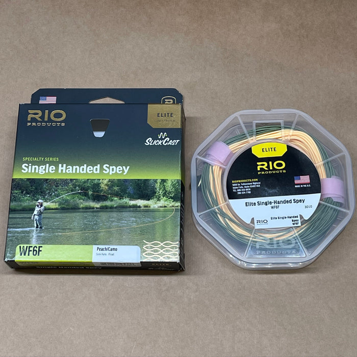 Rio Products Single Handed Spey fishing line packaging on a brown background